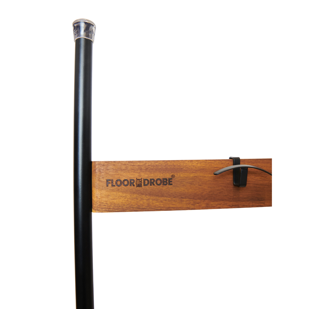 The Floordrobe with the branding and a curved hook